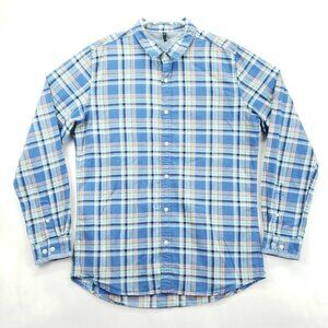 Stile Benetton Shirt Mens Large Blue White Plaid 100% Cotton Classic Button-Up